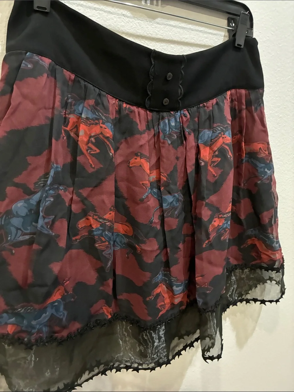 Coach Black Waistband Burgundy Floral Mini Skirt with Horse Print